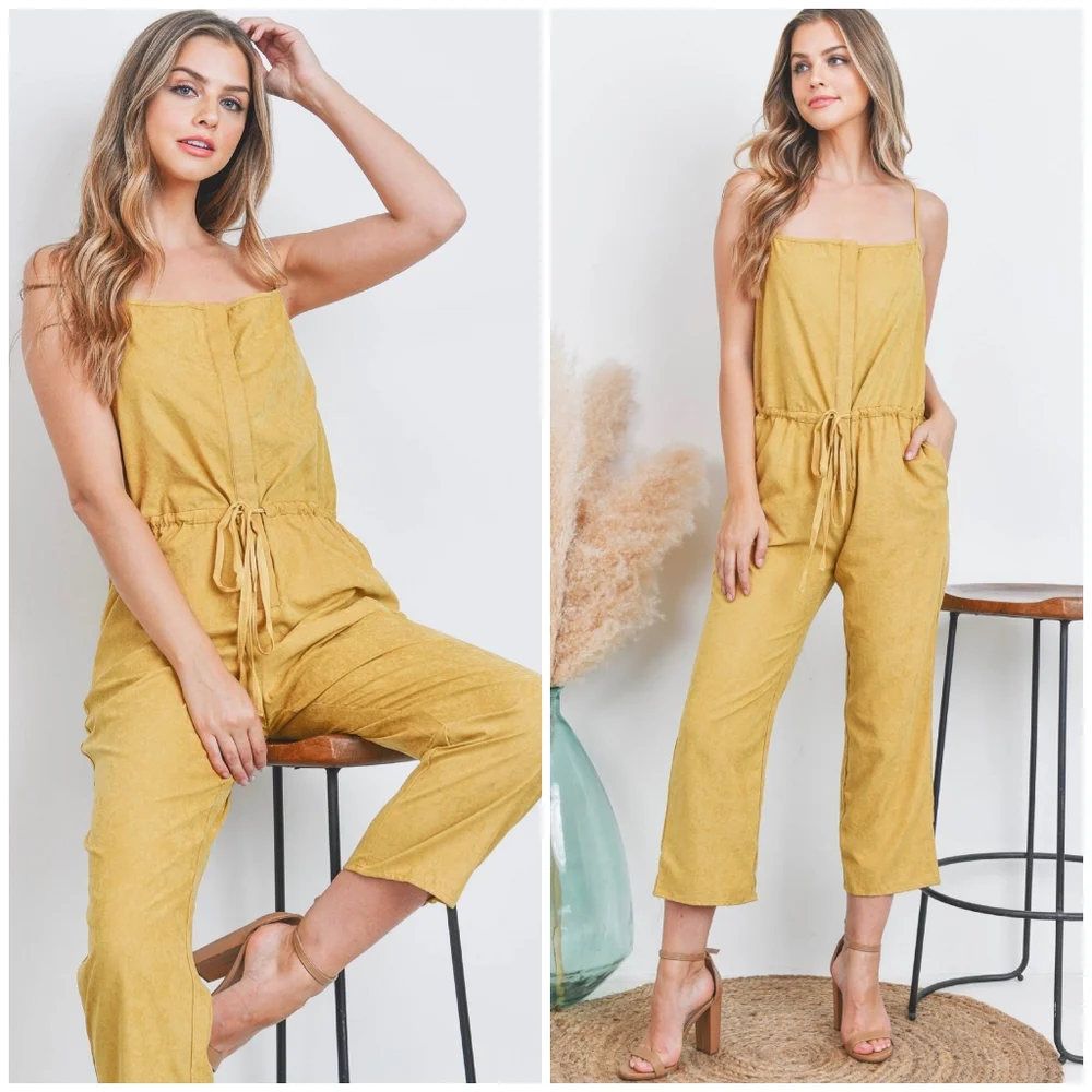 BLUE BLUSH Chic Mustard Woven Sueded Spaghetti Straps Jumpsuit - Picture 6 of 6